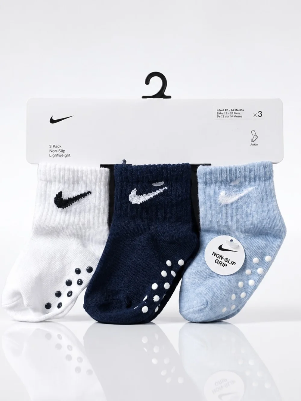 Nike Kids Non-Slip Ankle Socks - White, Navy, Light Blue (3-Pack)